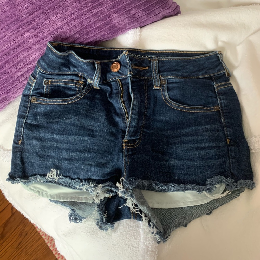 Blue Hi-rise stretch jean shorts